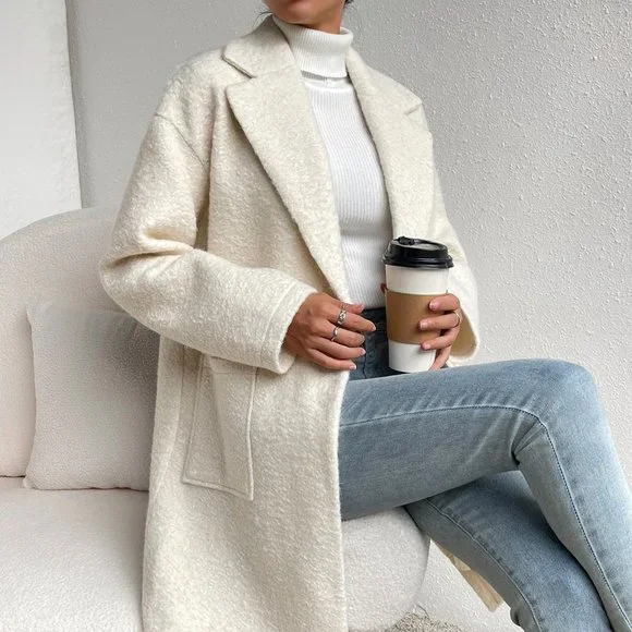 Apricot Elegant Womens Lapel Neck Drop Shoulder Dual Pocket Overcoat - Picture 2 of 5